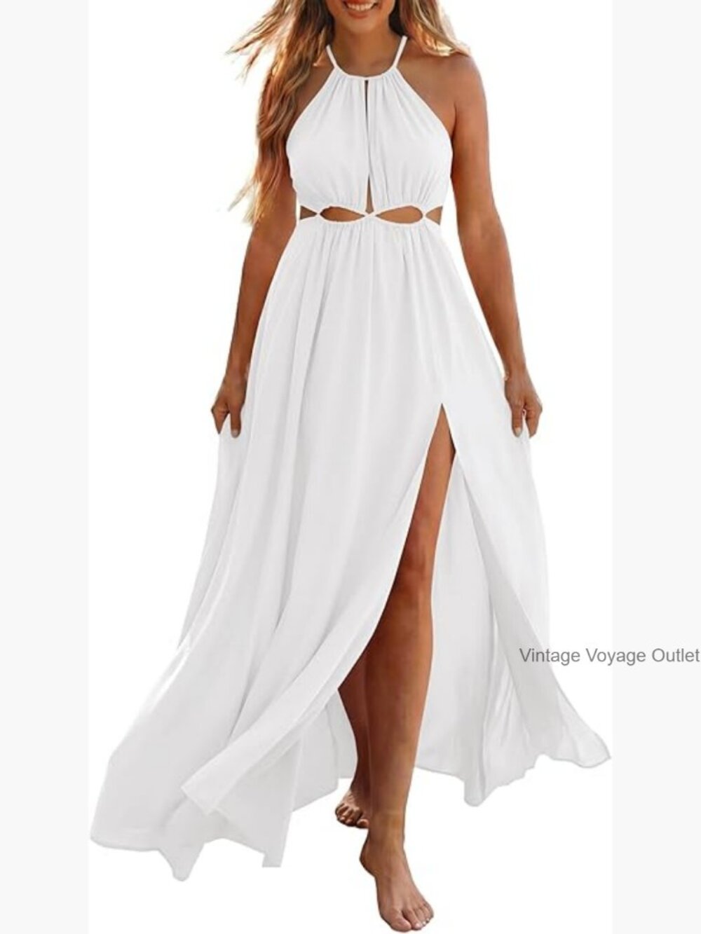 Sleeveless Halter Maxi Dress with Cutout Backless Slit Boho Beach Wedding